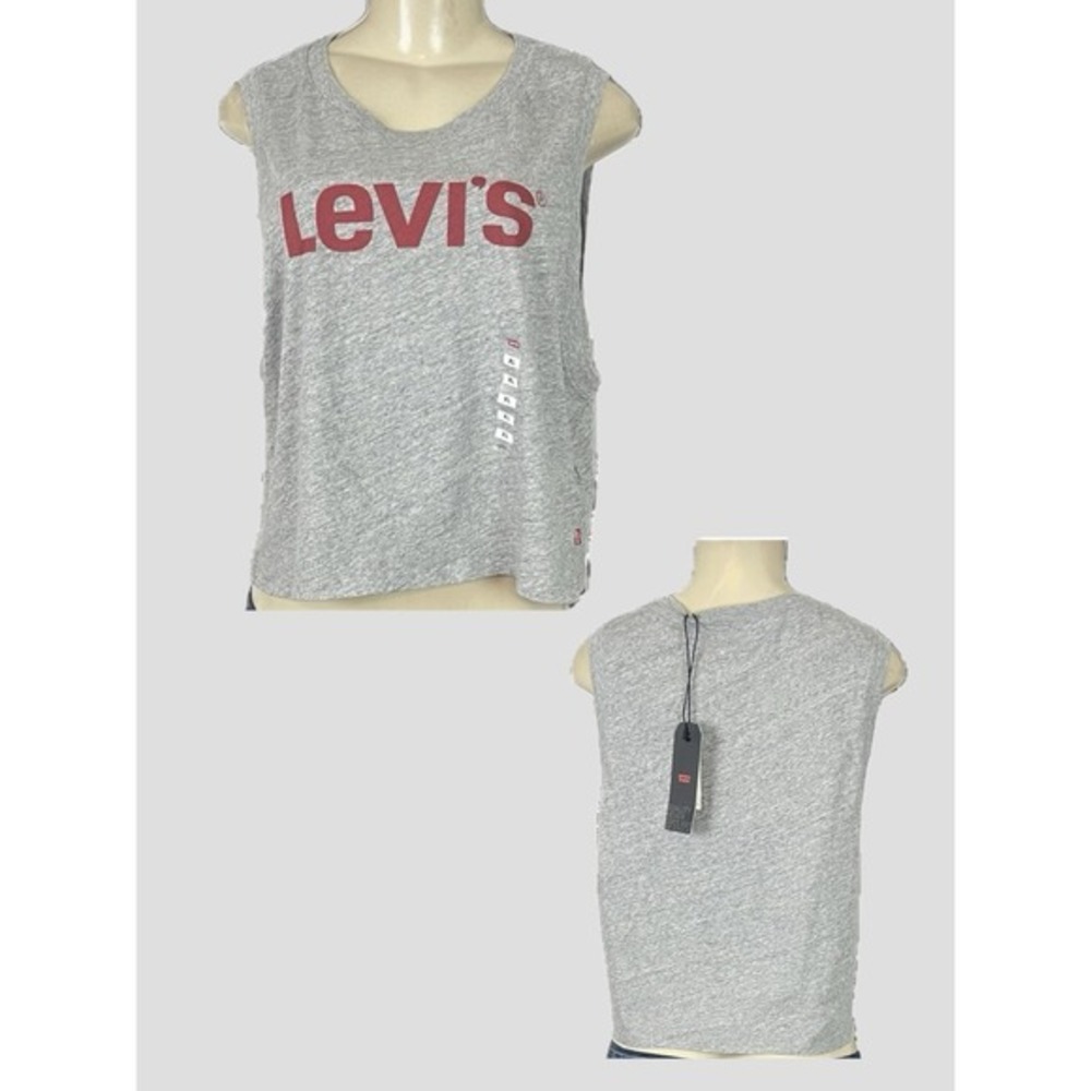 Levi's XL Heather Gray Red Logo Name Graphic Muscle Tee Cropped 100% Cotton Crew